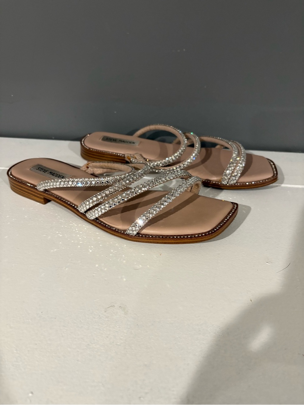 Steve Madden Crystal-Strap Nude Slide Sandals